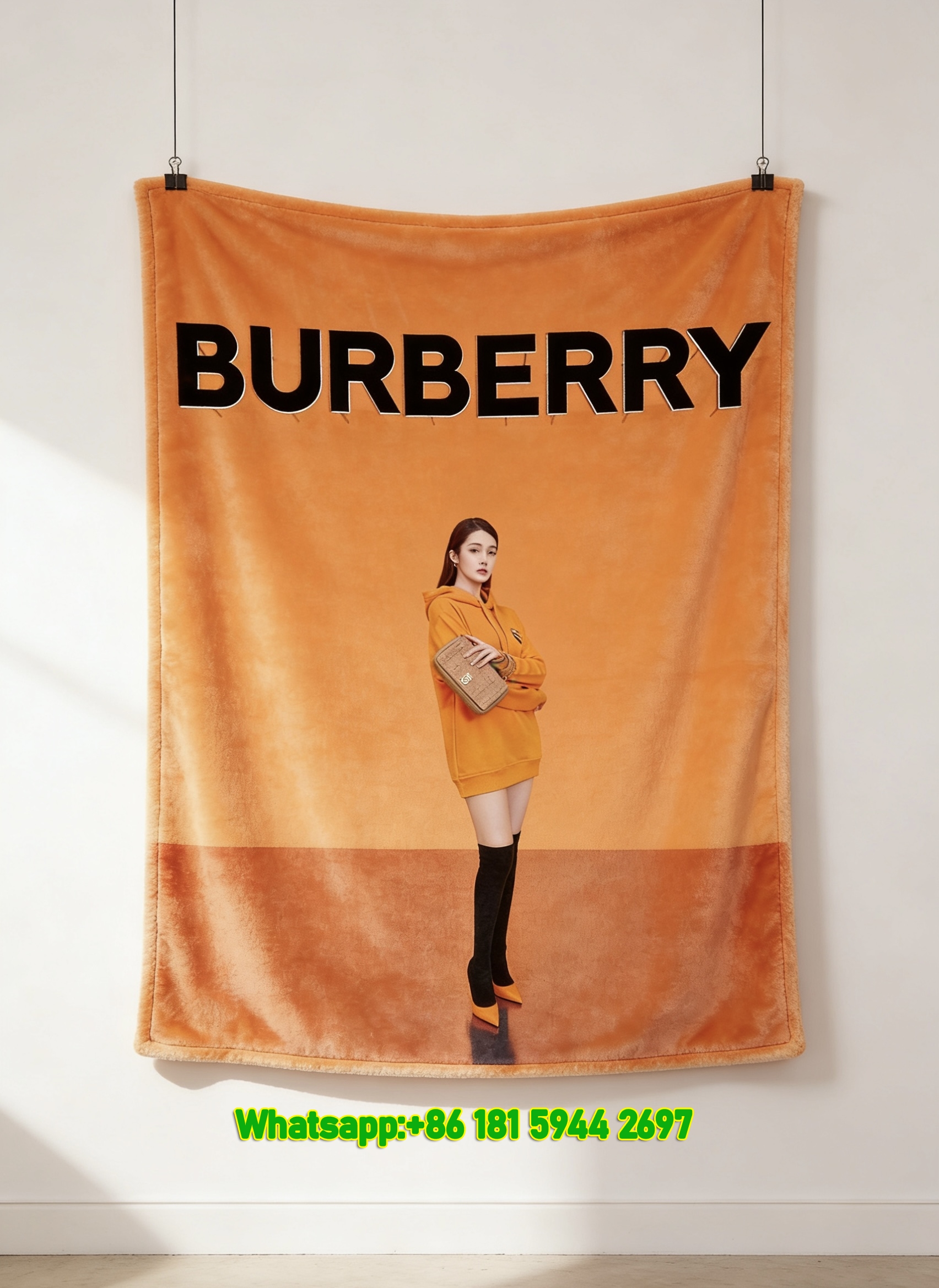 Burberry Orange Hoodie Model Print Flannel Sofa Throw Blanket B220